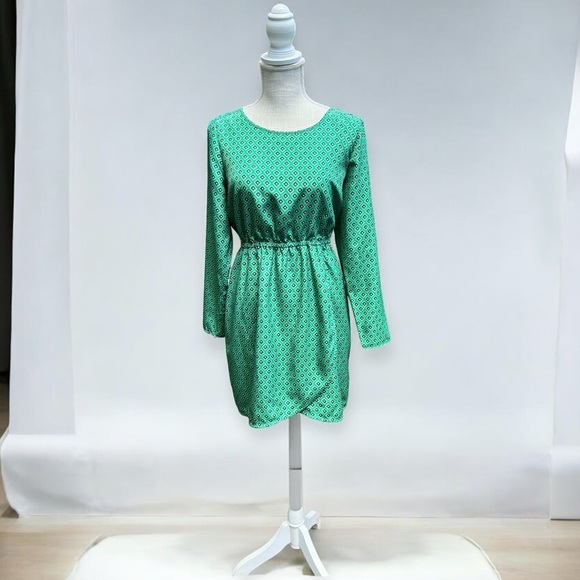🌻J. Crew Green Diamond Print Long Sleeve Tulip Hem Dress Size 8 - Picture 1 of 10